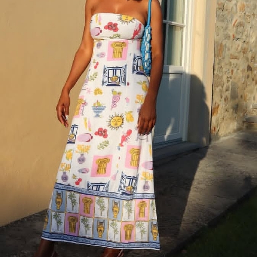NWT Japna Linen Blend Strapless Maxi Dress, XL, White Multi - Picture 7 of 10